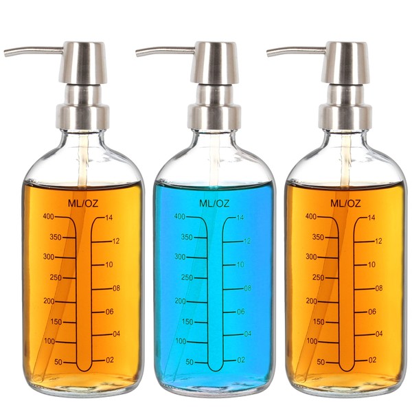 Youngever 4 Pack 16 Ounce Glass Boston Round Bottles, Glass Soap Dispensers with Measurement, Great for Essential Oils, Lotions, Liquid Soaps (Clear)