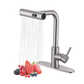 Waterfall Kitchen Faucet with Pull Down Sprayer, ARTIQUA Brushed Nickel Single Handle Kitchen Sink Faucet with Deck Plate Fits 1 or 3 Hole, for Bar RV Laundry Farmhouse Outdoor and Camper