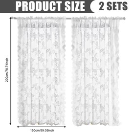 Set of 2 White Transparent Curtains: White Lace Curtain H 200 x W 150 cm, Tulle Curtain, White Curtains with Floral Embroidery, Transparent Curtain for Living Room, Patio, Bedroom, Wedding Decoration