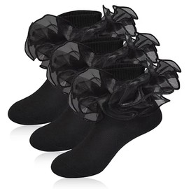 QHANSHIEE Girls Ruffle Socks Frilly Double Lace Socks Black Frilly Socks for Girls Dress Socks Cotton Turn Cuff Socks Toddler Pageant Socks for Girl