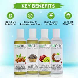 PUROLEO Carrier Oil Gift set- 4 Pcs Large Pack- Coconut Oil- Almond Oil - Castor Oil - Grapeseed Oil - 100% Natural Moisturizing Massage, Face oil, Hair Oil, Body Oil, Baby oil, Birthday Gift pack (4 FL OZ/120 ML)