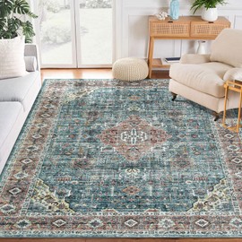 GlowSol Vintage Rug 4x6 Machine Washable Area Rug for Bedroom Living Room Non-Slip Non-Shedding Print Floor Carpet for Dining Room Living Room, Green, 4’x6’