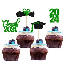 Paquete de 36 decoraciones para magdalenas de graduación 2023 con purpurina clase de 2023 para decoración de tartas, gorra de graduación, diploma, púas de cupcakes, 2023, decoración de tartas, suministros verdes