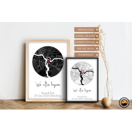 Wo Alles Begann Bild personalisierbar mit Landkarte und Koordinaten | schwarz weiss | optional mit Rahmen | Geschenk für Partner oder Verlobungsgeschenk | 1. Erstes gemeinsames Date (Schwarz)