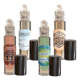 MOBETTER FRAGRANCE OILS Unisex Perfume Body Oil Bundle - Set of 4 Roll-On | Hues of Blue Light, I Wanna Give You Devotion, Da Golden Queen, Jumping Summer | Long Lasting, Travel Friendly, Alcohol-Free