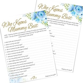 Pink Bee Parties Who Knows Mummy Best Game in Stylish Floral Theme - Baby Shower Game - Blue