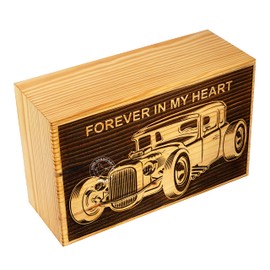 HIND HANDICRAFTS Wooden Cremation Urn for Human Ashes Adult Large - 250 LB Pinewood Urn Box with Hot Rod Car Engraving - Memorial Funeral Keepsake for Men - Forever in My Heart Design