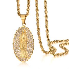 ROWIN&CO Virgin Mary Necklace Hip Hop Iced Out Women/Men 18k Gold Plated Christian Jewelry Oval Diamond Miraculous Pendant Necklace. (24 inch)