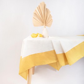 MONDAY MOOSE Farmhouse Rustic Picnic Style Decoration Rectangle Natural Stonewashed Cotton Tablecloth for Kitchen, Dining Room, Restaurant (60x86 inch, White/Yellow)