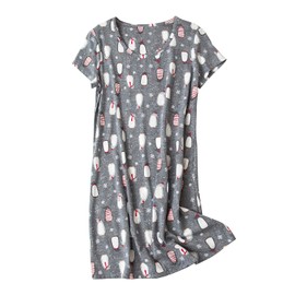 SISKIN Nightgowns for Women Cotton Sleep Shirts Womens Nightgown Short Sleeves Print Night Shirts Soft Sleepwear Gray Penguin X-Large