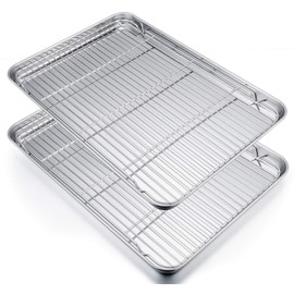 P&P CHEF Extra Large Baking Sheet and Cooking Rack Set, Stainless Steel Cookie Half Sheet Pan with Grill Rack, Rectangle 19.6''x13.5''x1.2'', Oven & Dishwasher Safe, 4 Piece (2 Pans+2 Racks)