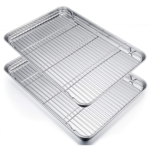 P&P CHEF Extra Large Baking Sheet and Cooking Rack Set, Stainless Steel Cookie Half Sheet Pan with Grill Rack, Rectangle 19.6''x13.5''x1.2'', Oven & Dishwasher Safe, 4 Piece (2 Pans+2 Racks)