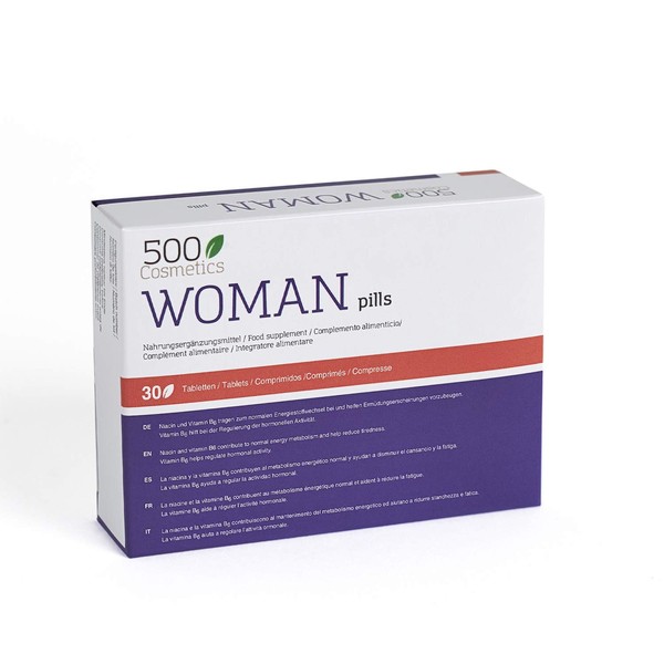 500Cosmetics Woman- Comprimés naturels pour soulager les symptômes de la ménopause, de la régulation hormonale. Fabriqué et enregistré dans l'UE