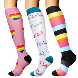Dreshow 3/7 Pairs Compression Stockings for Men and Women, 20-30 mmHg Compression Socks for Sports, Medical Use, Running, Travel, Flight, Pregnancy, Nurses, 3 Pack: Multicoloured I, L-XL