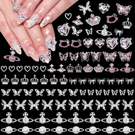 100 Pcs Silver Nail Charms, Saturn Crown Heart Butterfly Diamond Nail Rhinestones and Charm, Planet Butterflies Bows Nails Gems Charms, Y2K Charm for Nails DIY