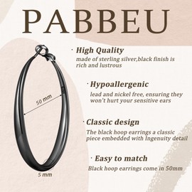 PABBEU Black Hoop Earrings for Women Thick Chunky Black Hoops Hypoallergenic Sterling Silver Post Hoops Earring Lightweight Large Hoop Earrings For Women Gifts 50mm