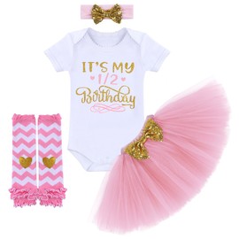 Half Birthday Outfit for Baby Girls,It's my 1/2 Birthday Long Sleeve Romper Tulle Skirt Headband Leg Warmers 4PCS Set Photography Prop