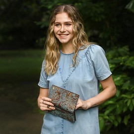 Anuschka Women's Original Hand-Painted Leather Clutch Wallet w, Tooled Dragonfly Meadow Brown with Turquoise