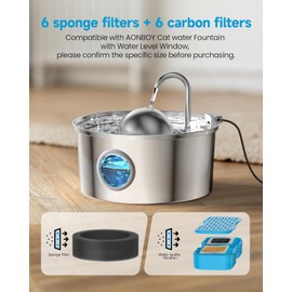 AONBOY Cat Water Fountain Filters, 12 Filters + 12 Cat Fountain Sponge, Suitable for AONBOY Pet Fountain S3-SC, Multiple Filtration, Isolates Floating Hairs and gets rid of Odors
