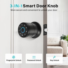 Fingerprint Door Lock, Smart Fingerprint Door Knob, Biometric Door Lock Keyless Entry Door Knob for Bedroom, Apartment, Hotel, Office