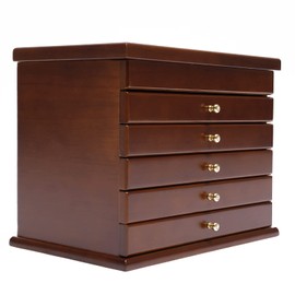 OUKANING Wood Jewelry Box and Organizer 6 Layers Large Jewellery Case with 5 Drawers Women Girls Jewelry Storage Box for Bracelets Necklaces Earrings Rings,12.2x7.9x9.6 in (Brown)