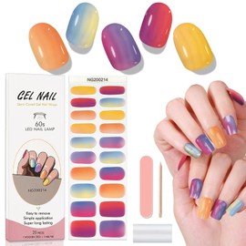 YECIRALA 1 Sheet 20 Tips Semi Cured Gel Nail Strips Kit (Gradient Color) Salon-Quality Shine Red Yellow Gradient Semi Cured Nail Polish Strips Gel Nail Stickers Wraps with Nail File & Wooden Stick