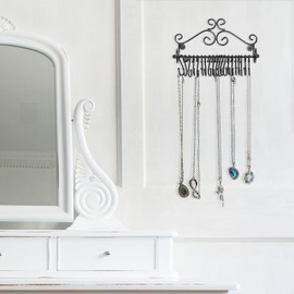 MyGift Necklace Holder Wall Mount, Set of 2 Jewelry Organizer - Black Metal Scrollwork Design Necklace Hanger Jewelry Display Storage Rack with 20 Hanging S-Hooks