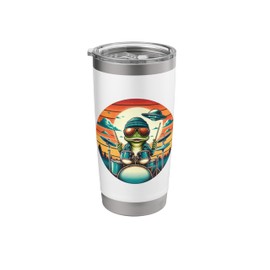 Funny Frog Playing Drums, Retro Vibe with UFO in Sky Stainless Steel Insulated Tumbler