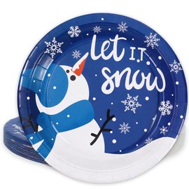 Whaline Christmas Paper Plates Snowman Snowflake Round Disposable Plates 9 Inch White Blue Winter Decorative Tableware for Christmas Winter Holiday Dinner Birthday Party Supplies, 24Pcs