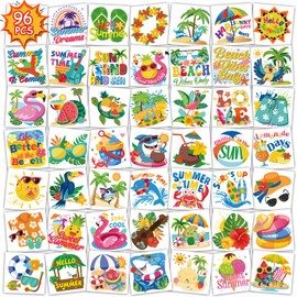 Konsait Summer Tattoos for Kids Adult, 96Pcs Pre-cut Sun Sea Animal Happy Summer Beach Theme Tattoos Stickers, Summer Party Decorations Accessories & Birthday Favors, 48 Designs