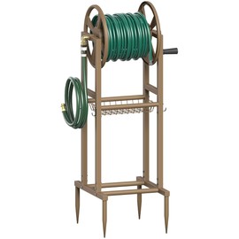 Mokeyder Freestanding Garden Hose Reel holds 125ft Hose of 5/8" with 4 Hooks, 4-Spike Outdoor Hose Holder with 3.9ft Leader Hose & Brass Fitting, Detachable Metal Hose Stand with Storage Rack, Brown
