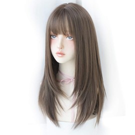 URCGTSA 22 Inches long Hair Wig for Women Black Synthetic Hair Natural Long Straight Wig With Bangs Party Cosplay Wig for Girl（Cold brown）