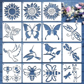 15Pcs 5.1" Spring Nature Painting Stencils and Templates Set Sunflower Flower Bees, Butterflies, Birds Patterns Reusable Wall Stencils for Painting on Wood, Home Decor Wood Burning DIY Wall Templates