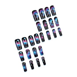 MERVF Long Press on Nails Square Fake Nails Black Glue on Nails Starry Sky Colored Cloud Design Squoval Acrylic Nails for Women Glossy 24pcs