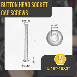 DTGN 5/16"-18x3" Button Head Socket Cap Screws - 10Pack - Good for Road Bicycle, Mountain Bike, Auto, Motorcycle - 304 Stainless Steel Whitewashed - Hex Socket Drive Fasteners