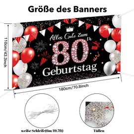 Decoration 80th Birthday Banner Man Woman, 80th Birthday Decoration Banner Red Black Background, Happy Birthday Banner 80th Birthday, 80th Birthday Party Decoration for Women and Men, 180 × 110 cm