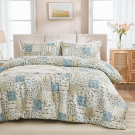 Cozaline Vintage Floral Comforter Set Queen 100% Cotton Blue Patchwork Bedding Comforter Sets All Season 3 Pieces Shabby Chic Breathable Soft Comforter(Blue Patchwork, Queen)