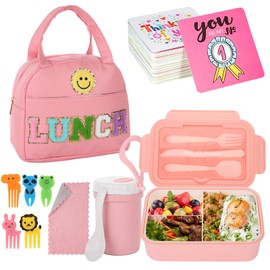 77 Pieces Preppy Bento Box Lunch Box Kit Large Pink Insulated Lunch Bag 3 Layer Stackable Leakproof Lunch Box Containers with Cup,Lunch Bag,Spoon,Fork,60 Pieces Lunch Box Notes for Girl(Pink)
