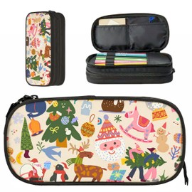 OWCRNEF Canvas Pencil Case Box Large Capacity Christmas Beige Black Pencil Bag Pouch Marker Organizer with 2 Compartments Zipper