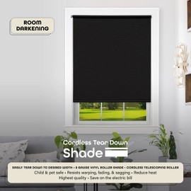 Cordless Tear Down Room Darkening Shade - 37 Inch Width, 72 Inch Length - Black - Cord-Free Customizable Light Filtering Horizontal Mini Vinyl Windows Blinds for Interior by Achim Home Decor
