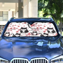 Cat Cherry Blossom Windshield Sunshade Car Sun Shade Blocks UV Rays Visor Protector Accordion Folding Sun Reflector Auto Sunshade for Truck SUV