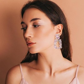 NANDUDU Rectangle Dangle Earrings for Women Sparkly Crystal Geometric Drop Trendy Statement Earrings Jewelry (Pink)