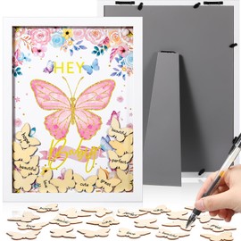 Unittype 71 Pcs Large Size Baby Shower Guest Book Alternative Baby Shower Sign in Guestbook Photo Frame with 70 Pcs Wood Chips Signature Keepsake for Baby Shower Favor Birthday Party(Pink,Butterfly)