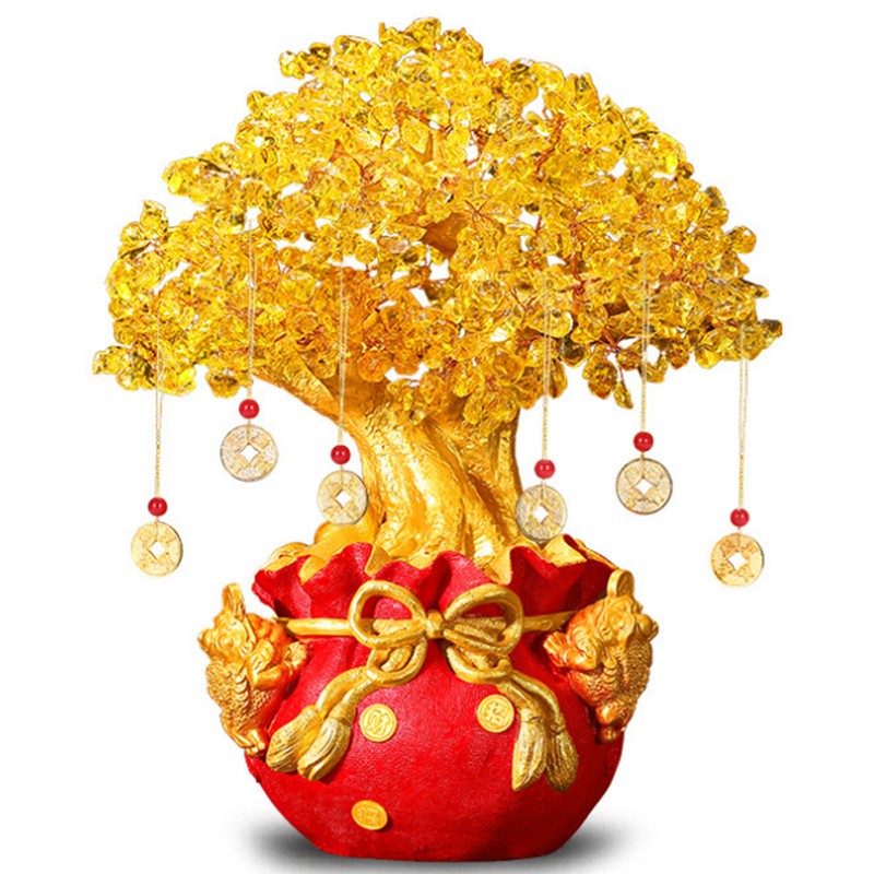 Yellow Quartz Crystal Money Tree Double Golden Toads Bonsai Style