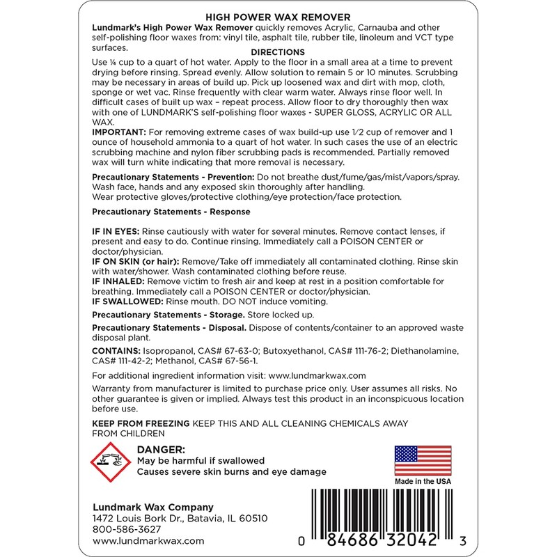 Lundmark High Power Wax Remover, Commercial Strength Floor Wax Stripper,