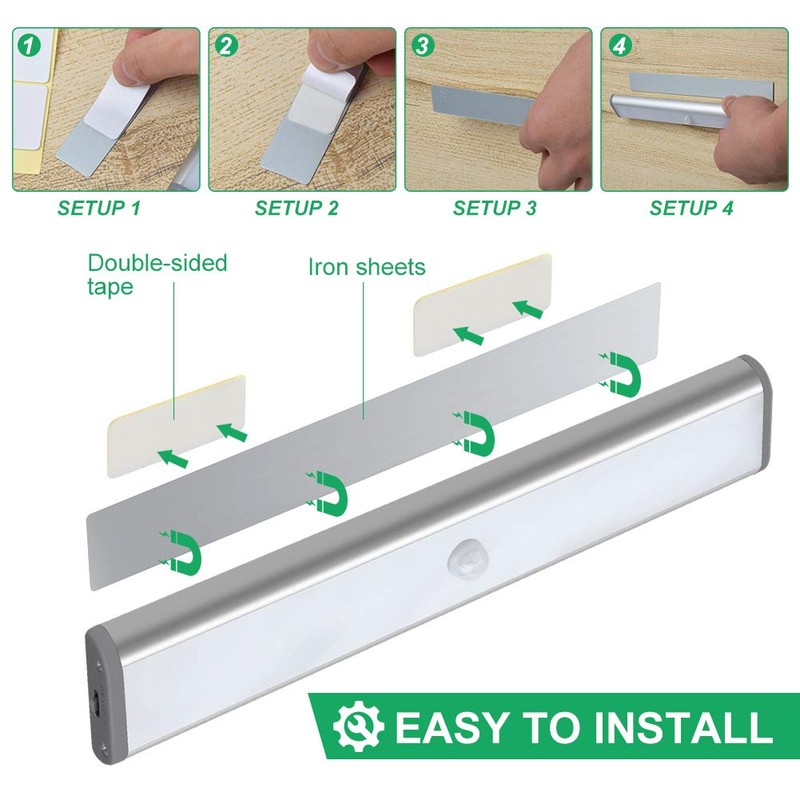 Wireless Motion Sensor Cabinet Lights 10-LED USB Rechargeable Closet Lights