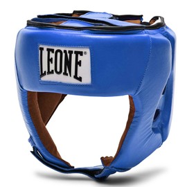 LEONE CS400 1947 Unisex Boxer Headgear, Buffalo Leather, Shock-Absorbing Bad, Velcro Fastening, FPI Approved Model, Medium/Blue