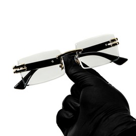 Retro Original Vintage Rectangular Style Designer Rimless Clear Lens Gold Frame Eyewear Unisex Square Frameless Men’s Women Clear Tint Rectangle Hip Hop Eye Glasses, Gold, Medium