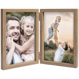 5x7 Double Picture Frames Hinged Wood Grain with Real Glass Stand Vertical on Tabletop
