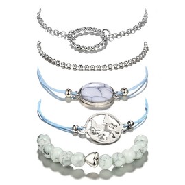 Edary Armband-Set mit weißes Herz-Armband, Türkis mit Herz, Perlen-Handkette, verstellbar, für Damen und Mädchen(5 Stück)